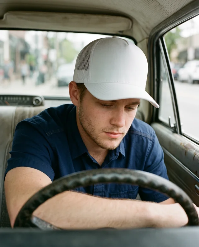 Contemplative Young Man in Vintage Car Hat Mockup