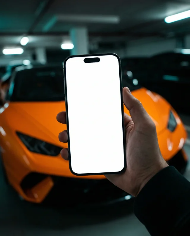 Modern iPhone Mockup with Sports Car Background