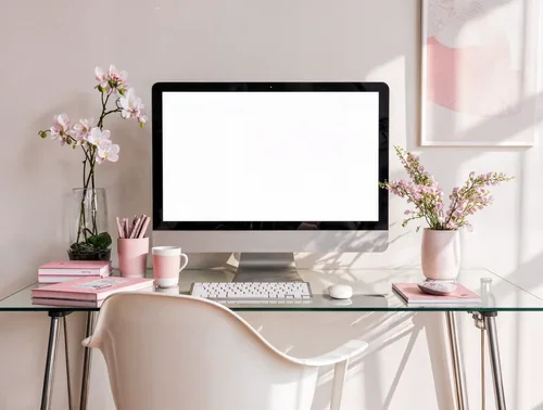 Stylish iMac Mockup in a Serene Home Office Setting