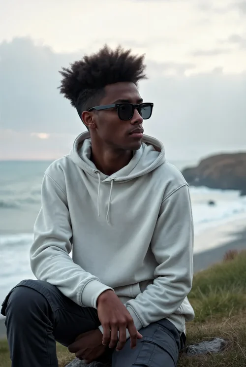 Serene Mockup of Young Model in Grey Hoodie by Ocean