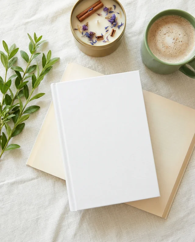 Cozy Book Mockup with Candle and Coffee