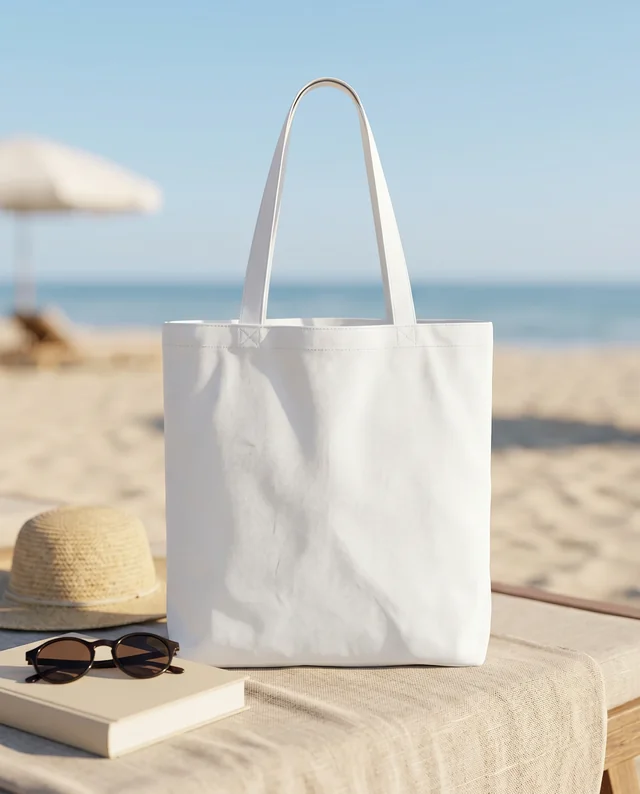 Stylish Tote Bag Mockup on a Serene Beach Table