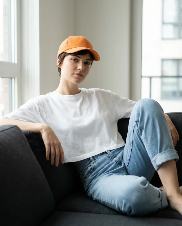 Casual Mockup of a Young Woman in a Crop Top and Jeans