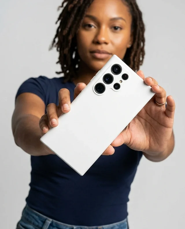 Confident Woman Showcasing a Stylish Phone Cover Mockup