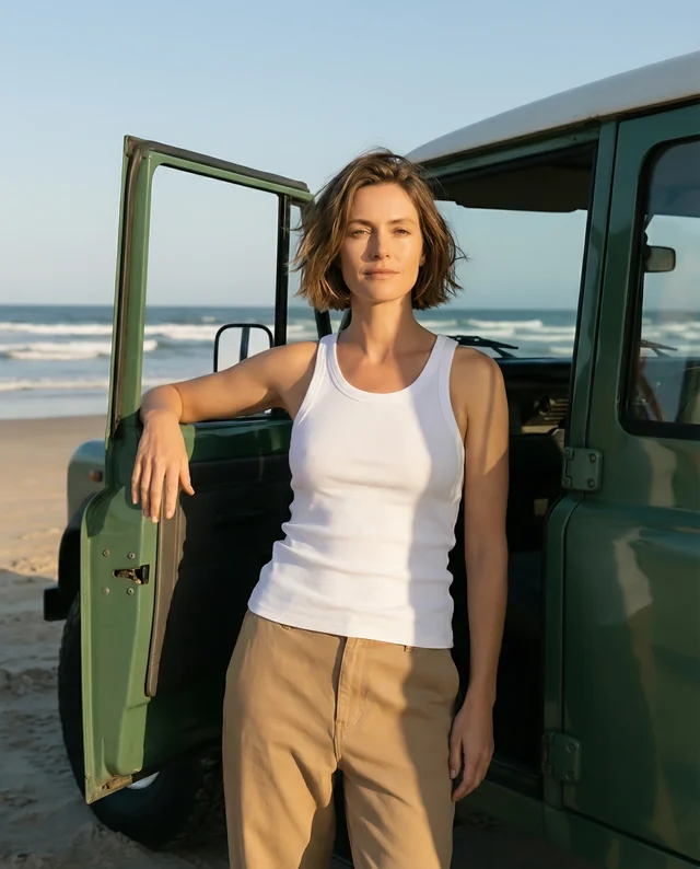 Young Woman in Stylish Tank Top by Vintage Vehicle Mockup