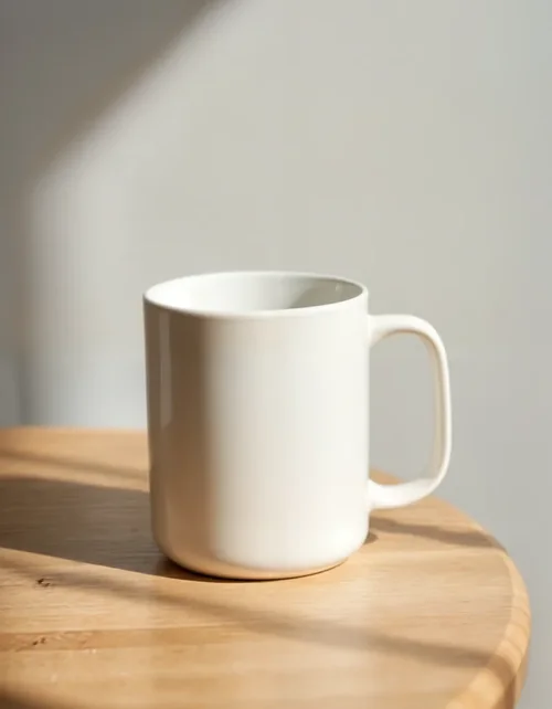Elegant Mockup Mug on Light Brown Table with Gray Background
