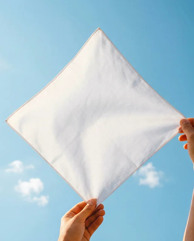 Hands Holding a White Bandana Mockup Against Blue Sky