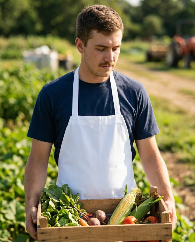 Young Man with Fresh Vegetables Mockup in Farm Setting