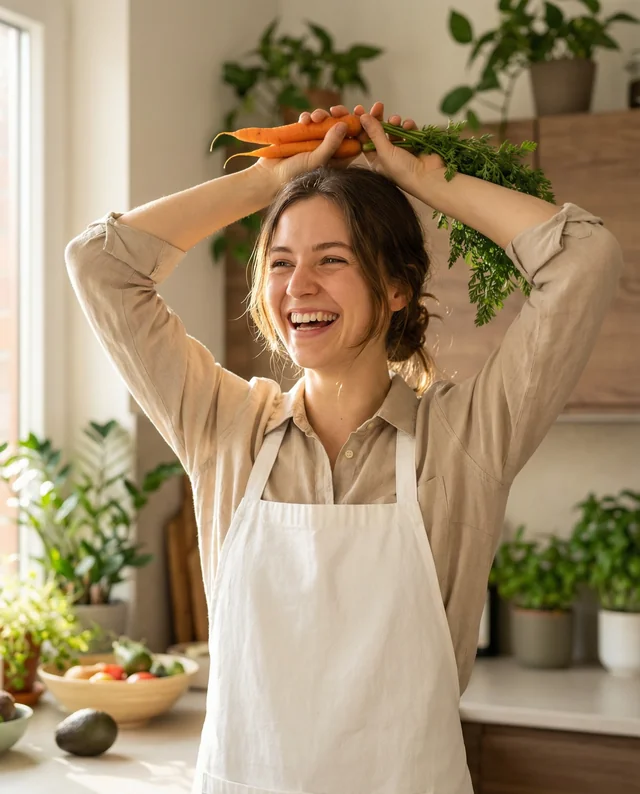 Joyful Woman in White Apron Holding Fresh Carrots Mockup