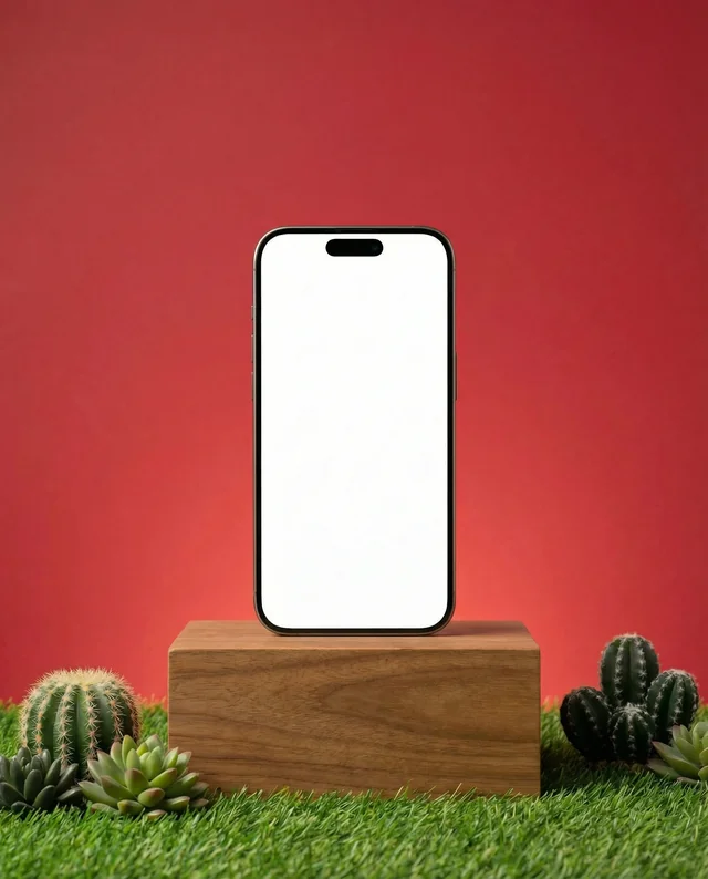 Modern iPhone Mockup on Wooden Pedestal with Succulents