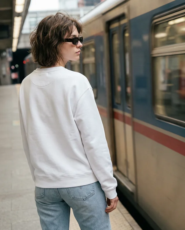 Stylish Mockup of a Woman in a Sweatshirt at Subway