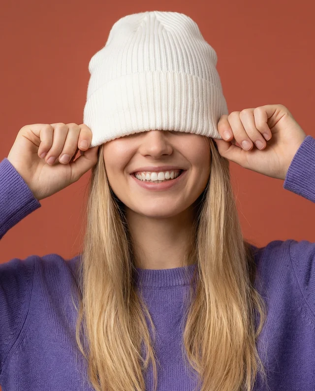 Joyful Young Woman in White Beanie Mockup Portrait
