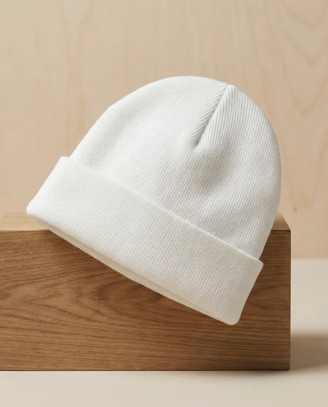 Elegant White Ribbed Beanie Mockup on Wooden Block