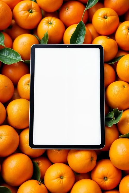 Black iPad Pro Mockup on Fresh Oranges - Vibrant & Fresh
