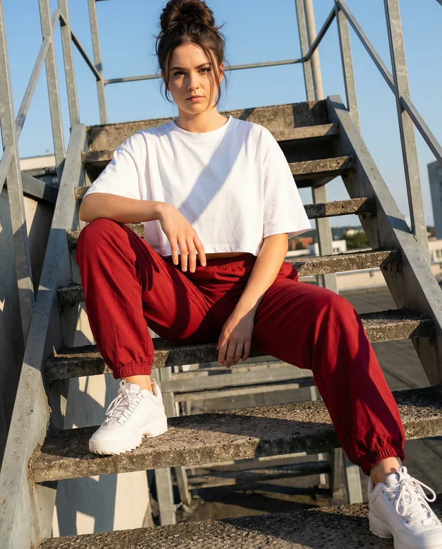 Casual Mockup of Young Woman in Crop Top and Joggers