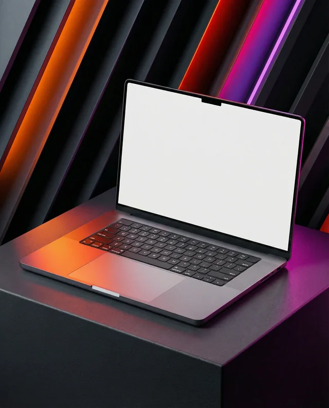 Sleek MacBook Mockup on Matte Black Pedestal