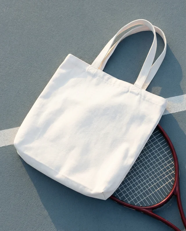 Minimalist Mockup of a White Tote Bag on Tennis Court