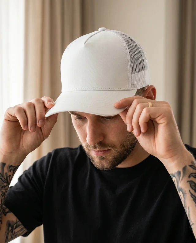 Young Man in White Trucker Cap Hat Mockup Image