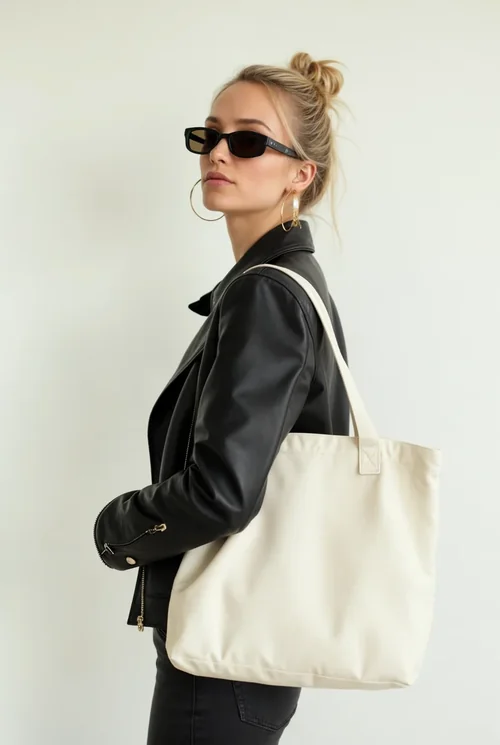 Stylish Mockup of a Tote Bag with Fashionable Woman