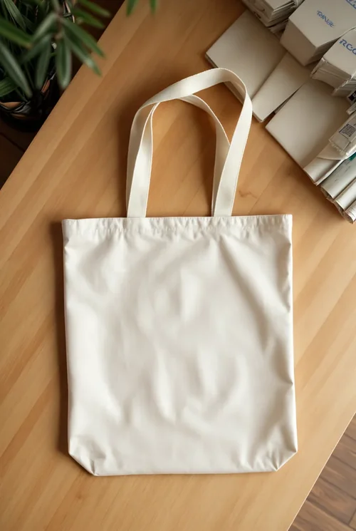Minimalist White Cotton Tote Bag Mockup on Wooden Table