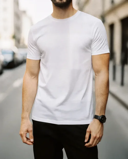 Stylish Male Model T-Shirt Mockup in Urban Setting