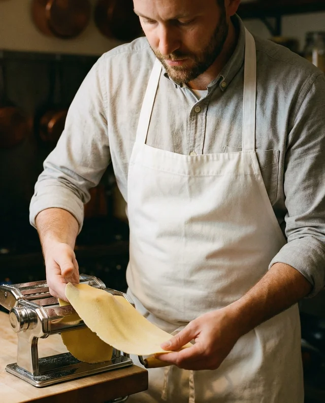 Focused Chef in Cozy Kitchen Mockup with Apron and Pasta