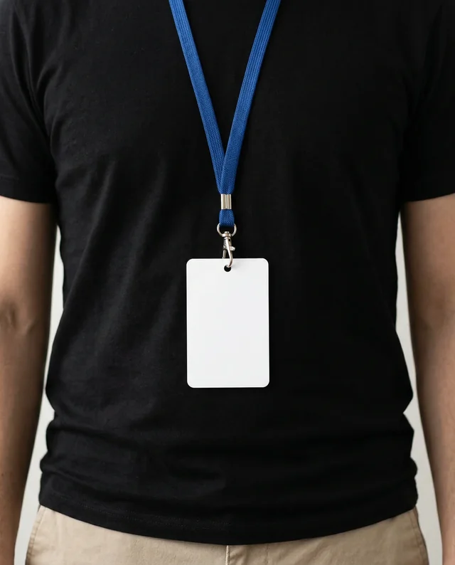 Modern Mockup of Person with Blank ID Card and Lanyard