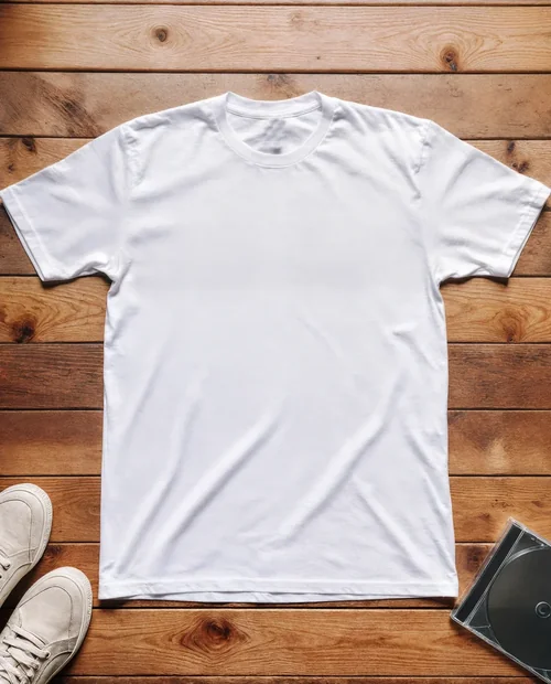 Stylish T-Shirt Mockup on Rustic Wooden Surface