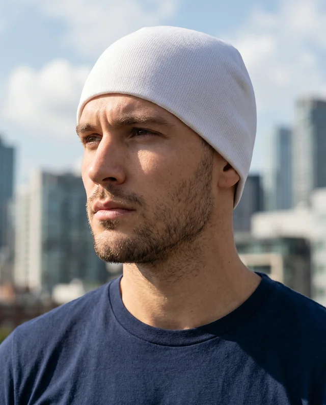 Young Man in Beanie Mockup Against Urban Skyline