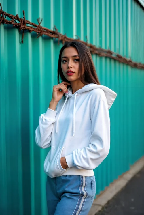 Vibrant Teal Background Mockup of a Hoodie in Urban Scene