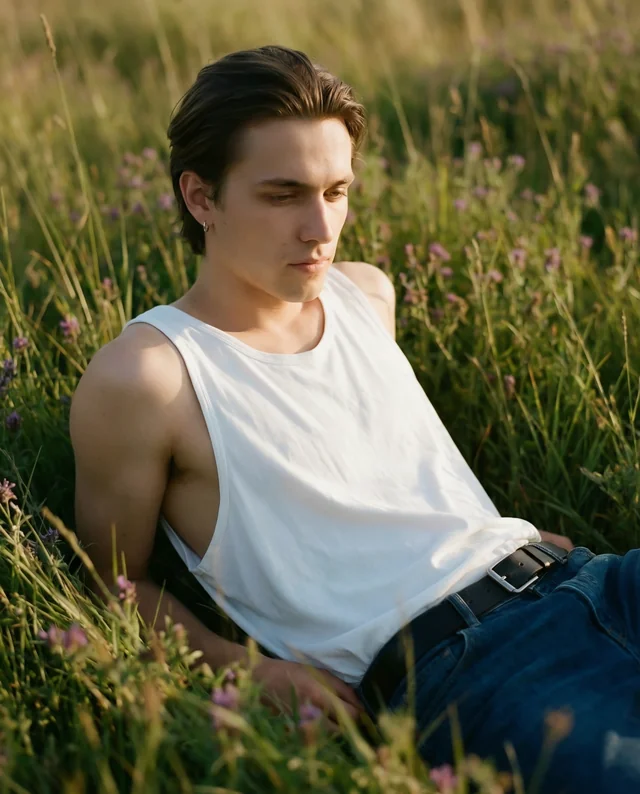Relaxed Young Man in White Tank Top Mockup in Nature