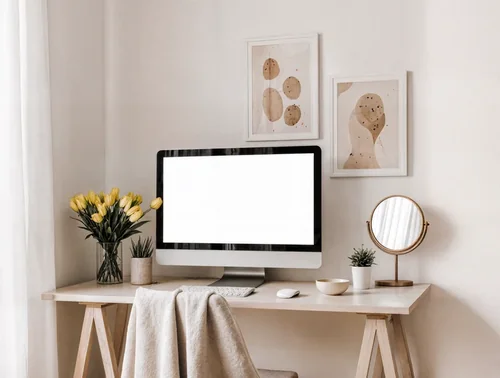 Modern Home Office Mockup with iMac and Cozy Decor