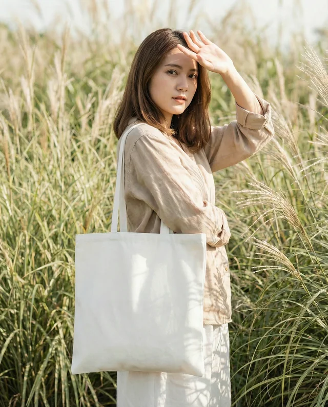 Serene Mockup of a Young Woman with a Tote Bag