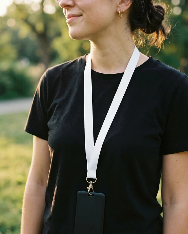 Young Woman in Park with Lanyard Mockup at Golden Hour