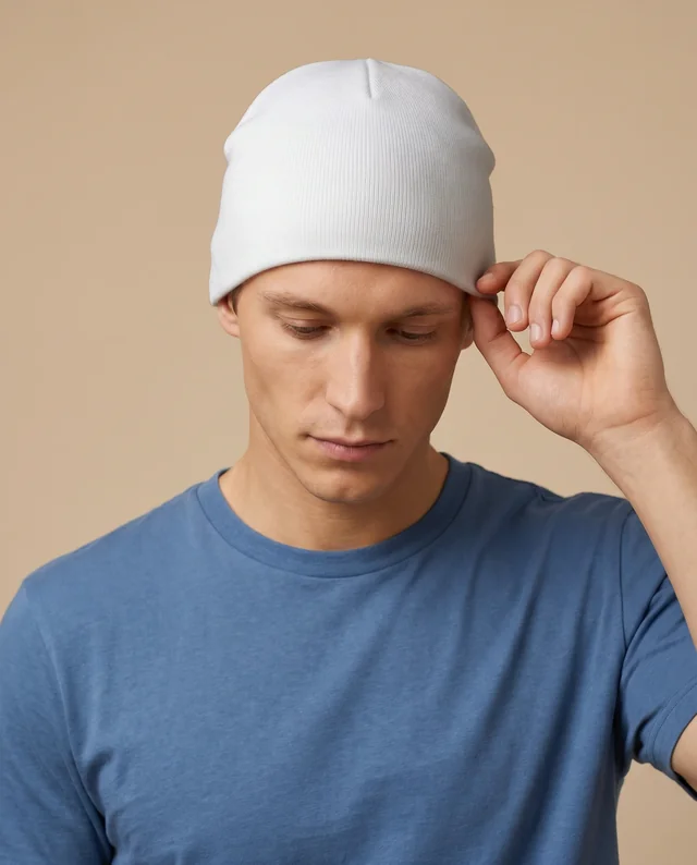 Thoughtful Young Male Model in Beanie Mockup Display