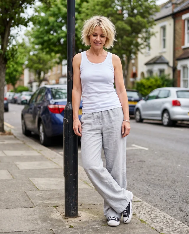 Casual Woman in Tank Top Mockup on Urban Sidewalk