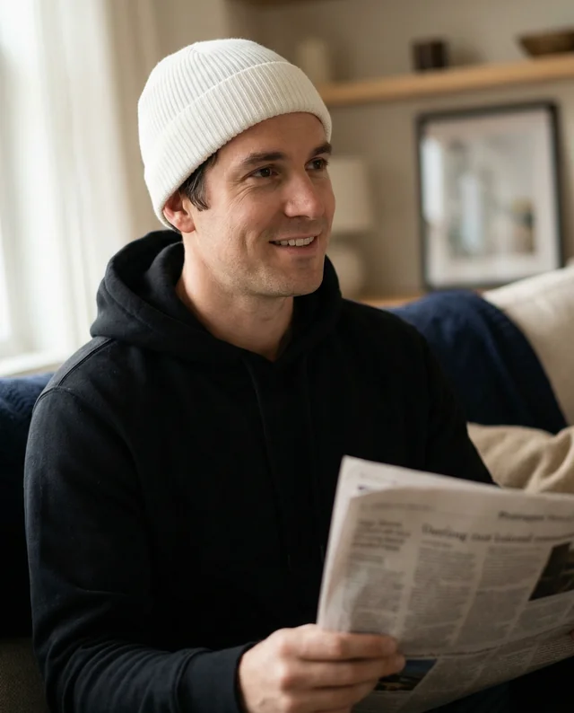 Cozy Living Room Mockup Featuring a Young Man in Beanie