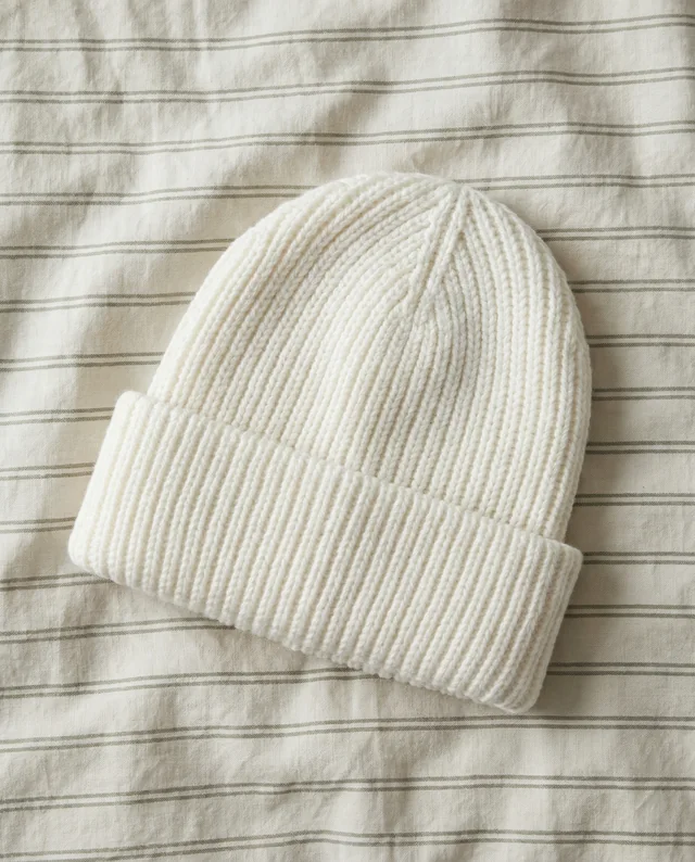 Cozy White Knit Beanie Mockup on Soft Fabric Background