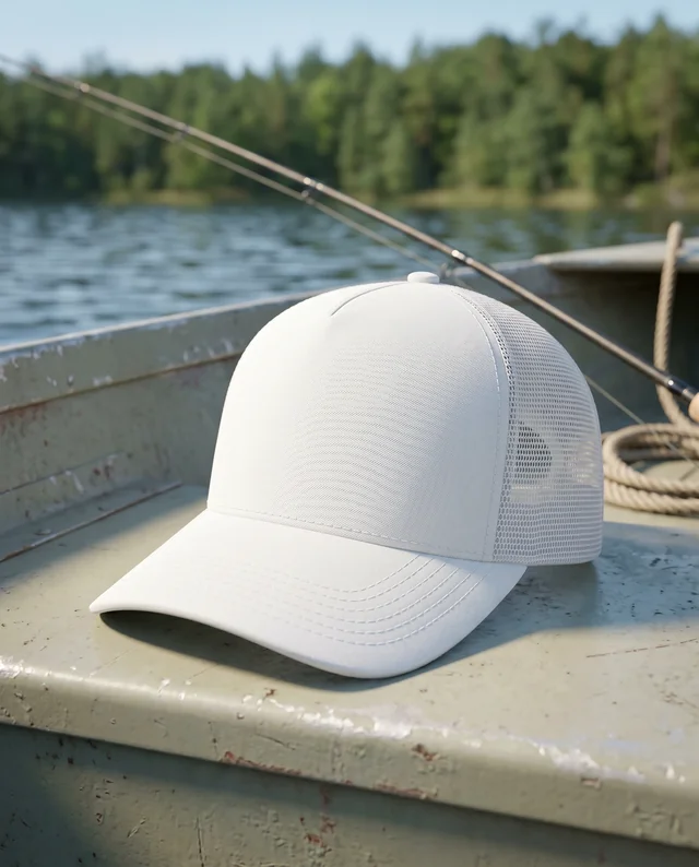 Serene Hat Mockup on a Boat with Lush Background