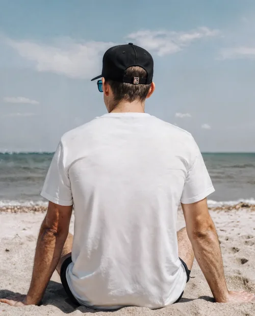 Mockup of Young Man in T-Shirt on Sandy Beach