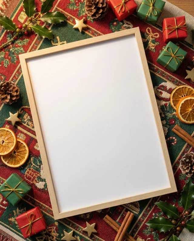 Cozy Holiday Poster Mockup with Festive Decorations