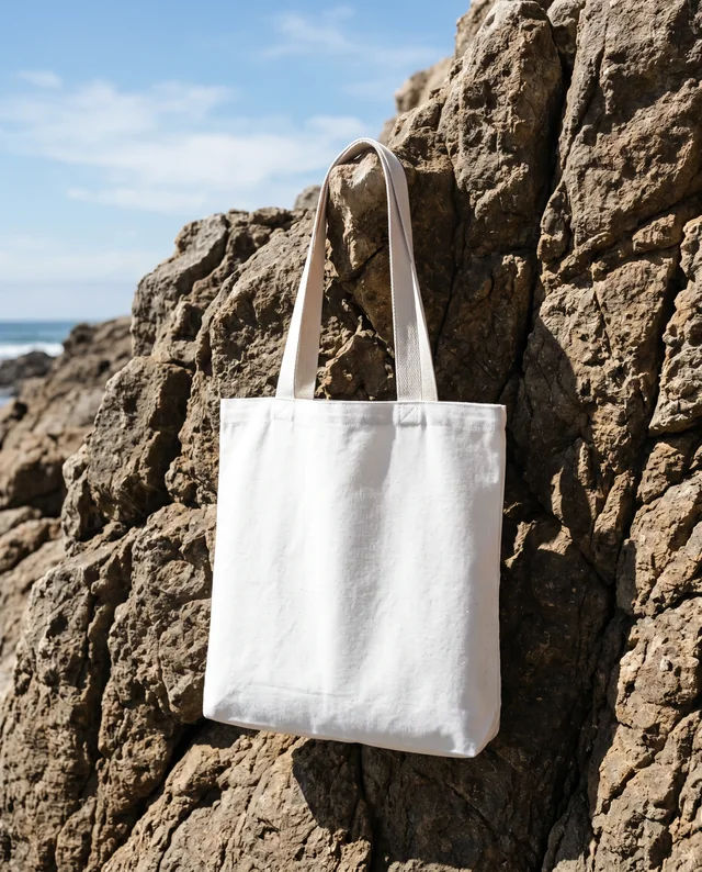 Elegant White Tote Bag Mockup on Textured Rock Surface