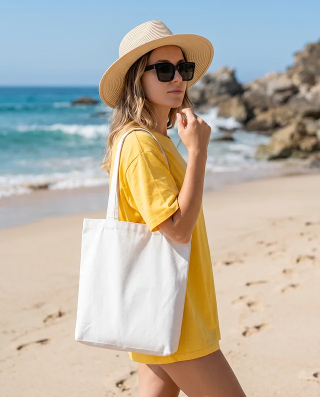 Young Woman with Tote Bag Mockup on Sunny Beach