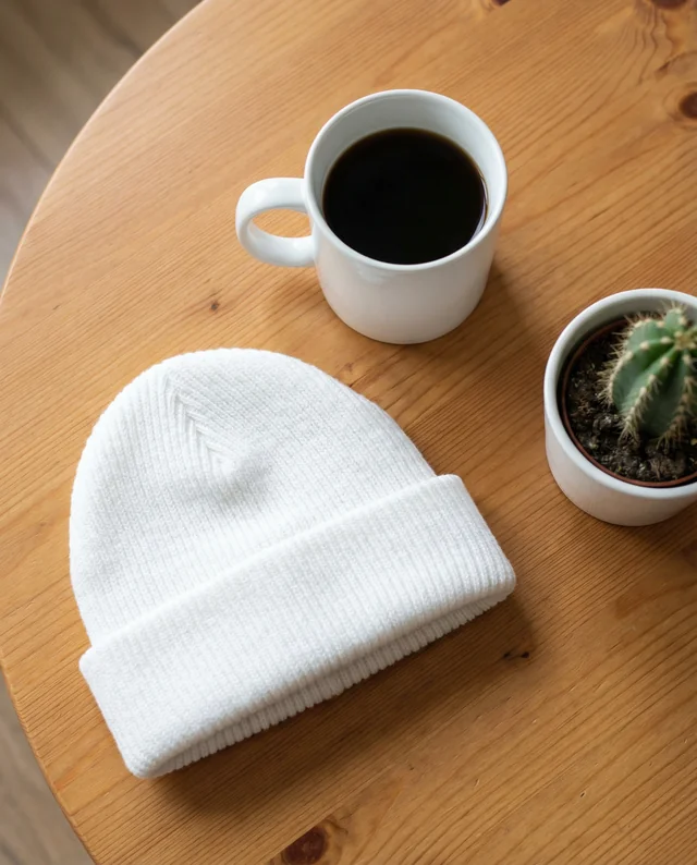 Cozy Tabletop Mockup with White Beanie and Cactus