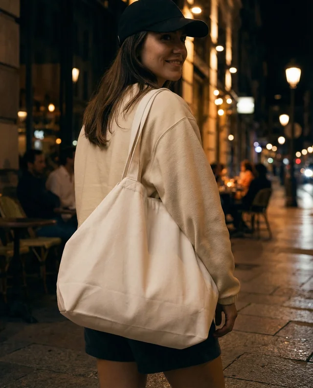 Stylish Mockup of a Tote Bag in a City Night Scene