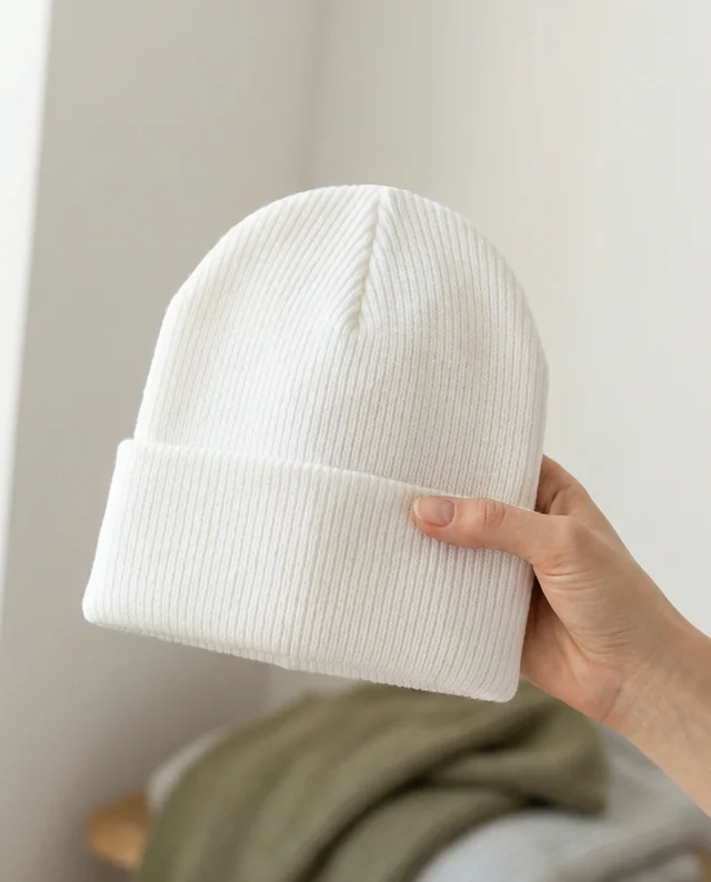 Close-Up Mockup of a Cozy White Ribbed Beanie