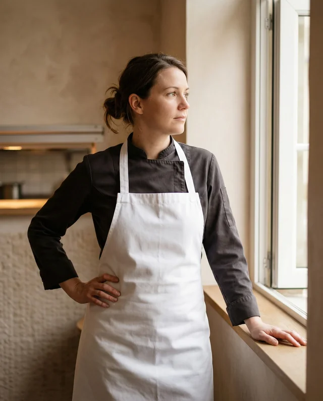 Female Chef in Modern Kitchen with Stylish Apron Mockup