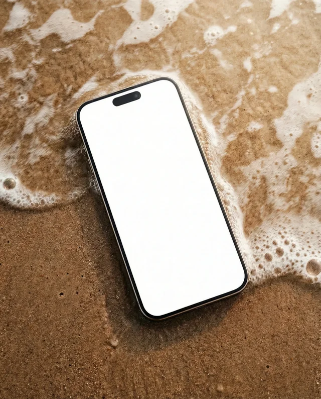 iPhone Mockup on a Serene Beach with Gentle Waves