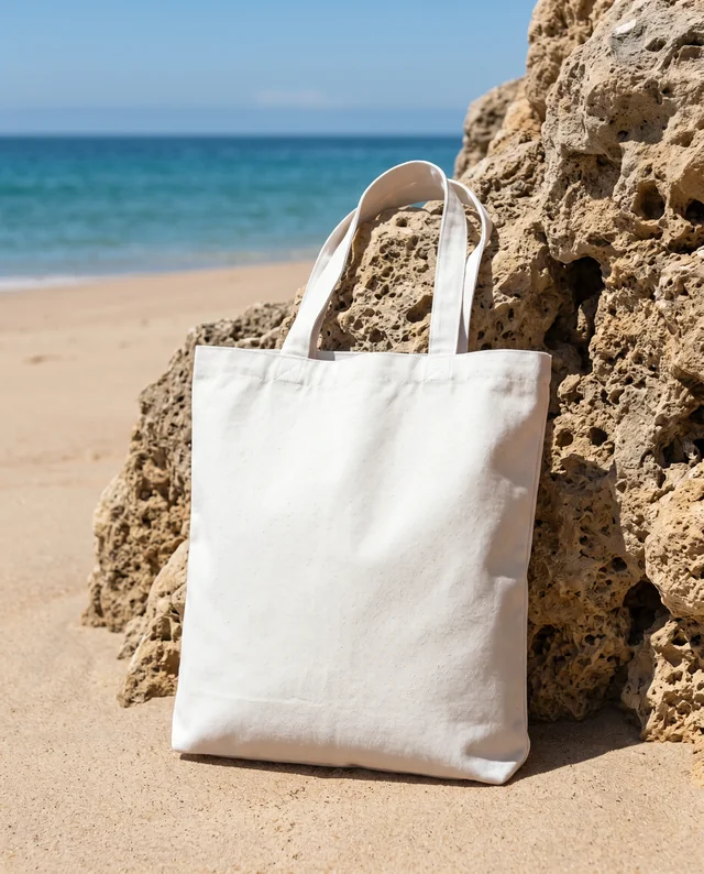 Elegant Tote Bag Mockup on Sandy Beach with Ocean View