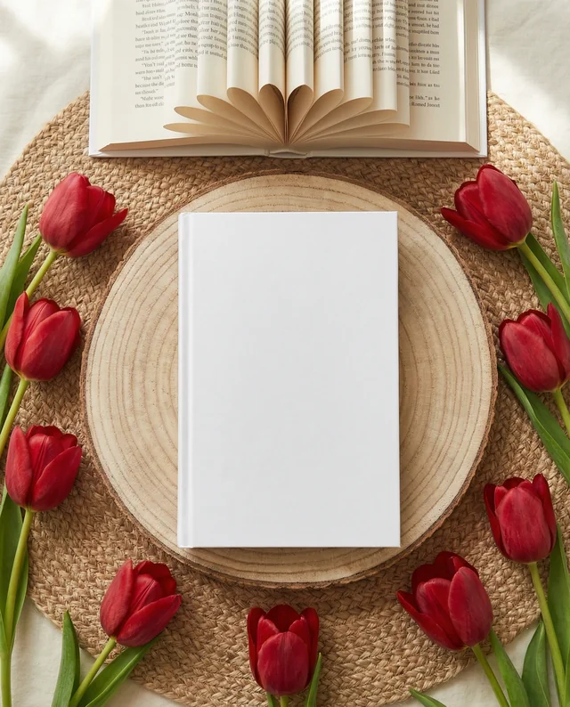 Charming Book Mockup with Tulips and Woven Placemat